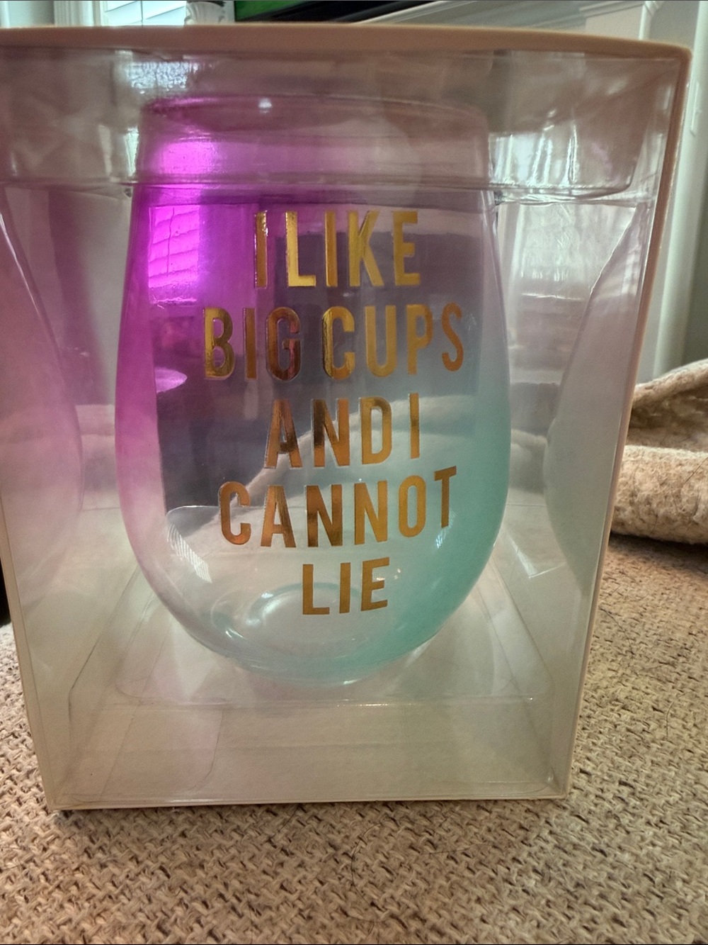 Slant plastic Large stemless wine cup (plastic) βI Like Big Cupsβ slogan on cup.